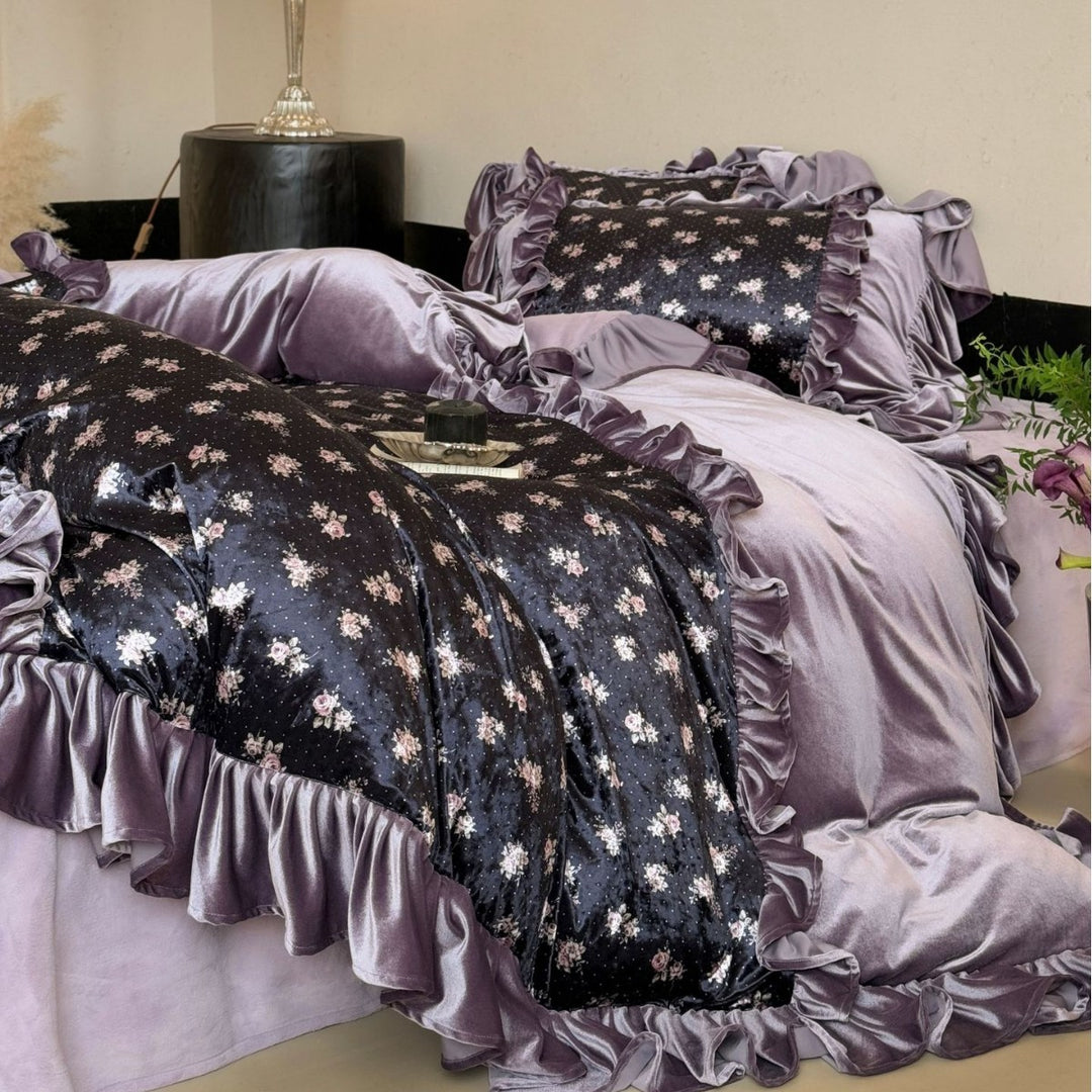 Ruffled Velvet Floral Quilted Duvet Cover Set