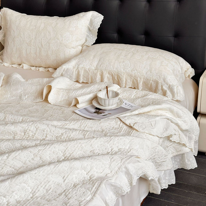 Quilted Cotton-Blend Coverlet Set with Eyelet Lace Ruffled Pillow Shams