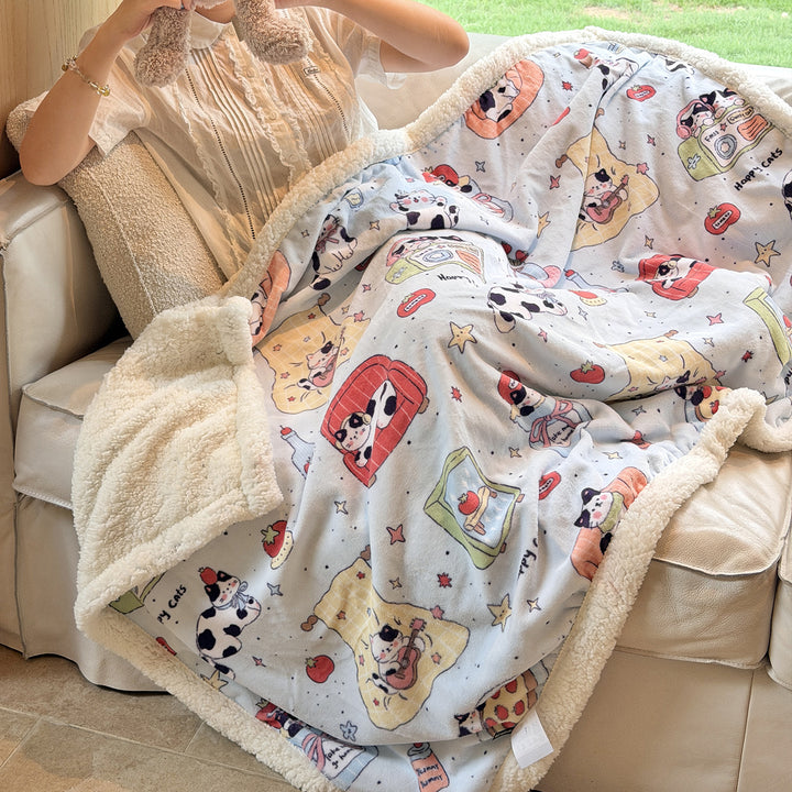 Plush Sherpa-Lined Teddy Print Reversible Throw Blanket