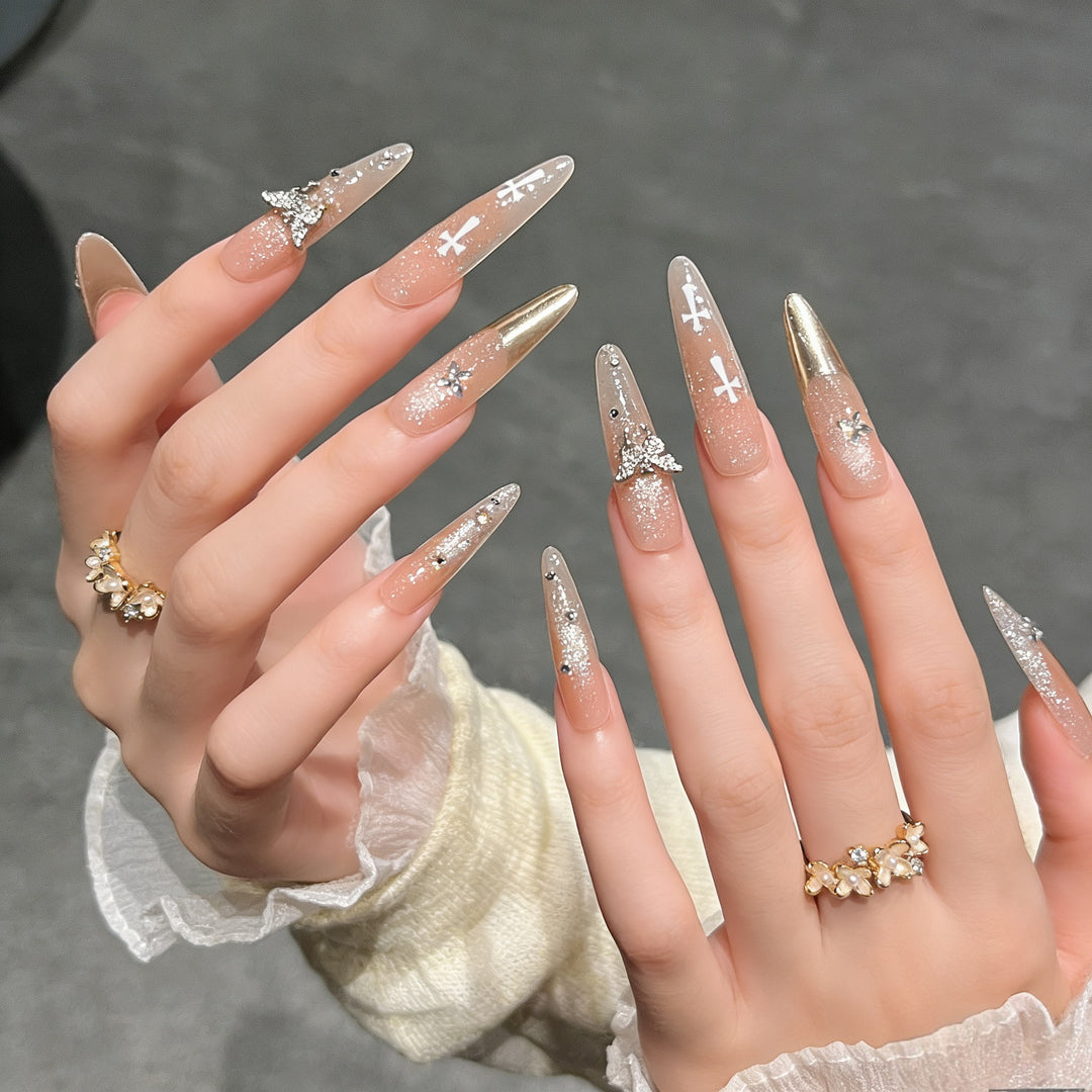 Elegant Stiletto Press-On Nail Extensions with Gem Accents Stornfield