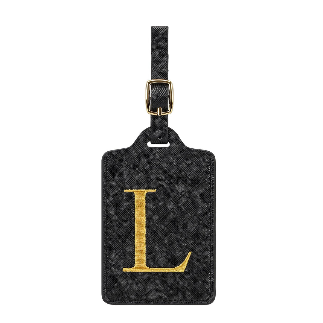embroidered initial monogram leather luggage tag with adjustable buckle strap Stornfield