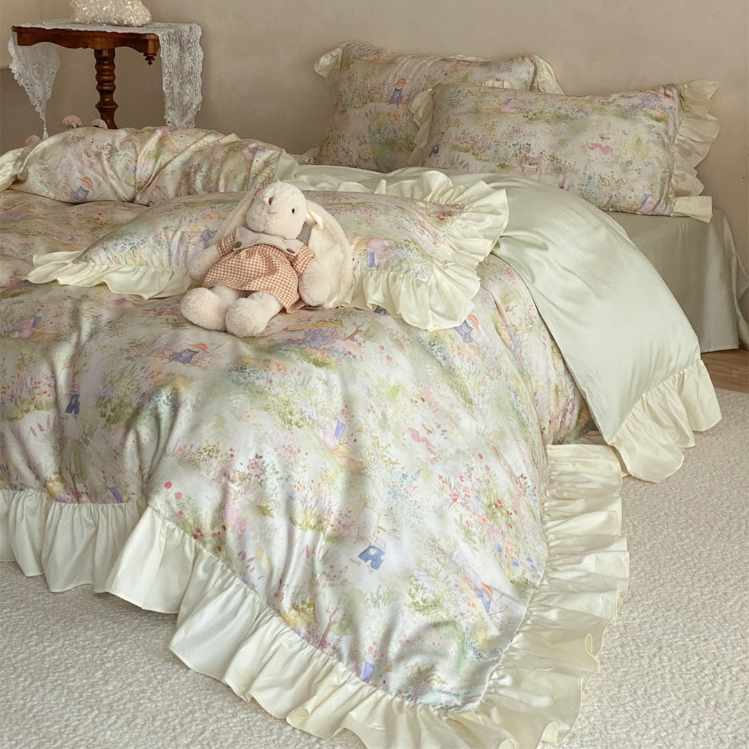 Luxury Ruffled Satin Duvet Cover Set with Pastel Floral Print and Pillow Shams