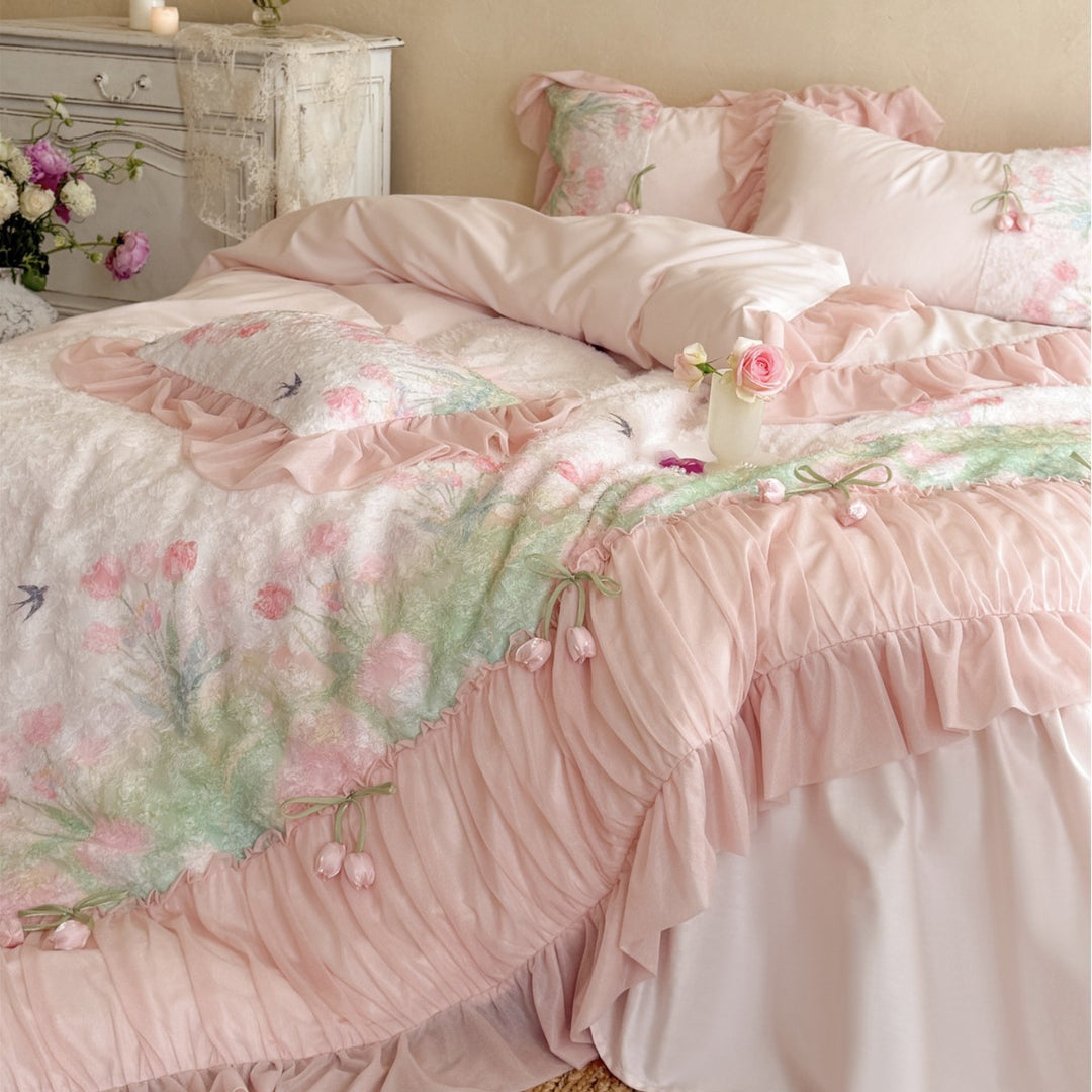 Plush Tufted Floral Duvet Cover Set with Ruffled Hem & Appliqué Accents