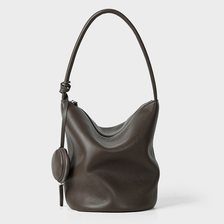 Slouchy Pebbled Bucket Hobo Bag with Curved Top Zip and Hanging Coin Pouch