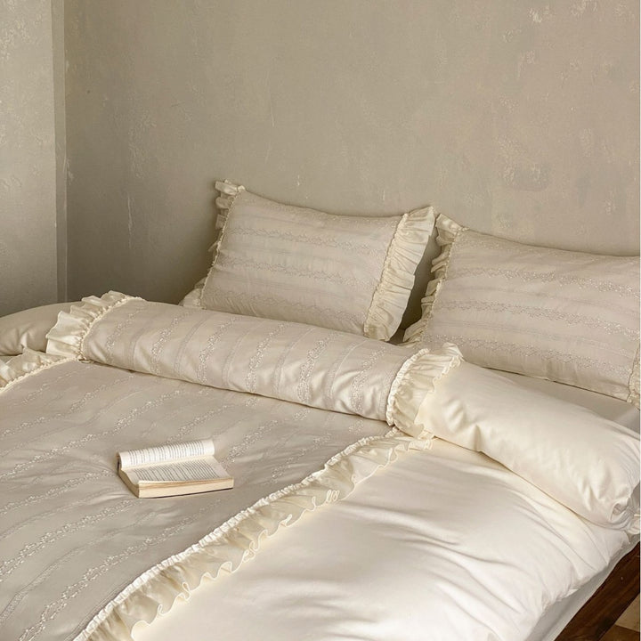 French-Inspired Ruffled Embroidered Cotton Sateen Duvet Cover Set with Pillow Shams