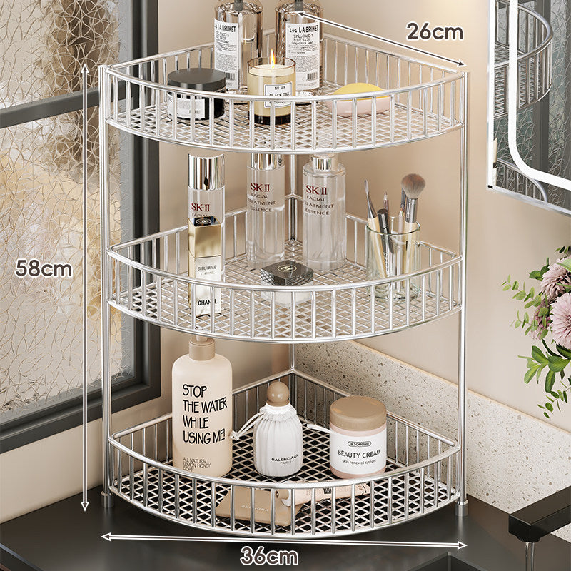 Corner Space-Saving Three-Tier Ventilated Mesh Storage Rack for Bathroom and Vanity