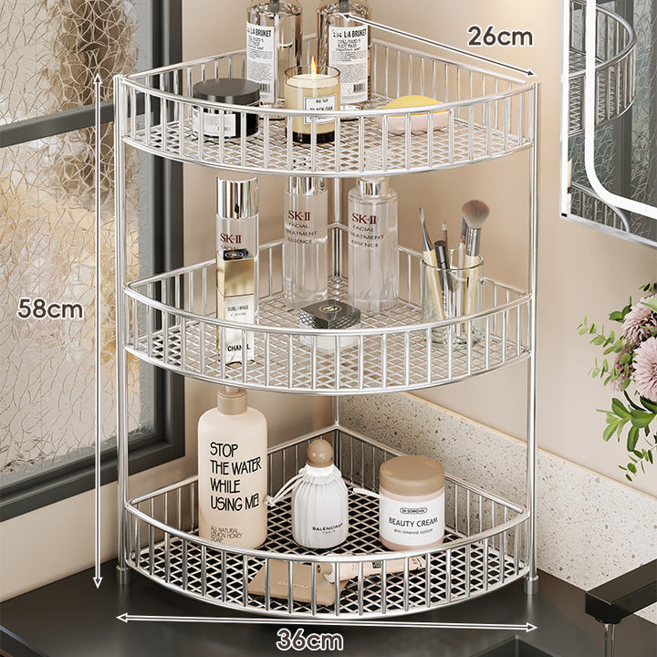 Corner Space-Saving Three-Tier Ventilated Mesh Storage Rack for Bathroom and Vanity