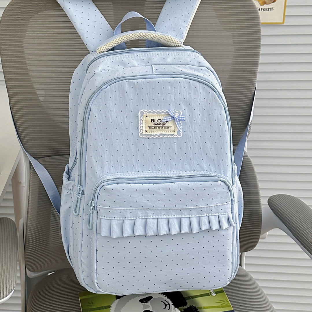 Polka Dot Patterned Backpack with Ruffle Accents Stornfield