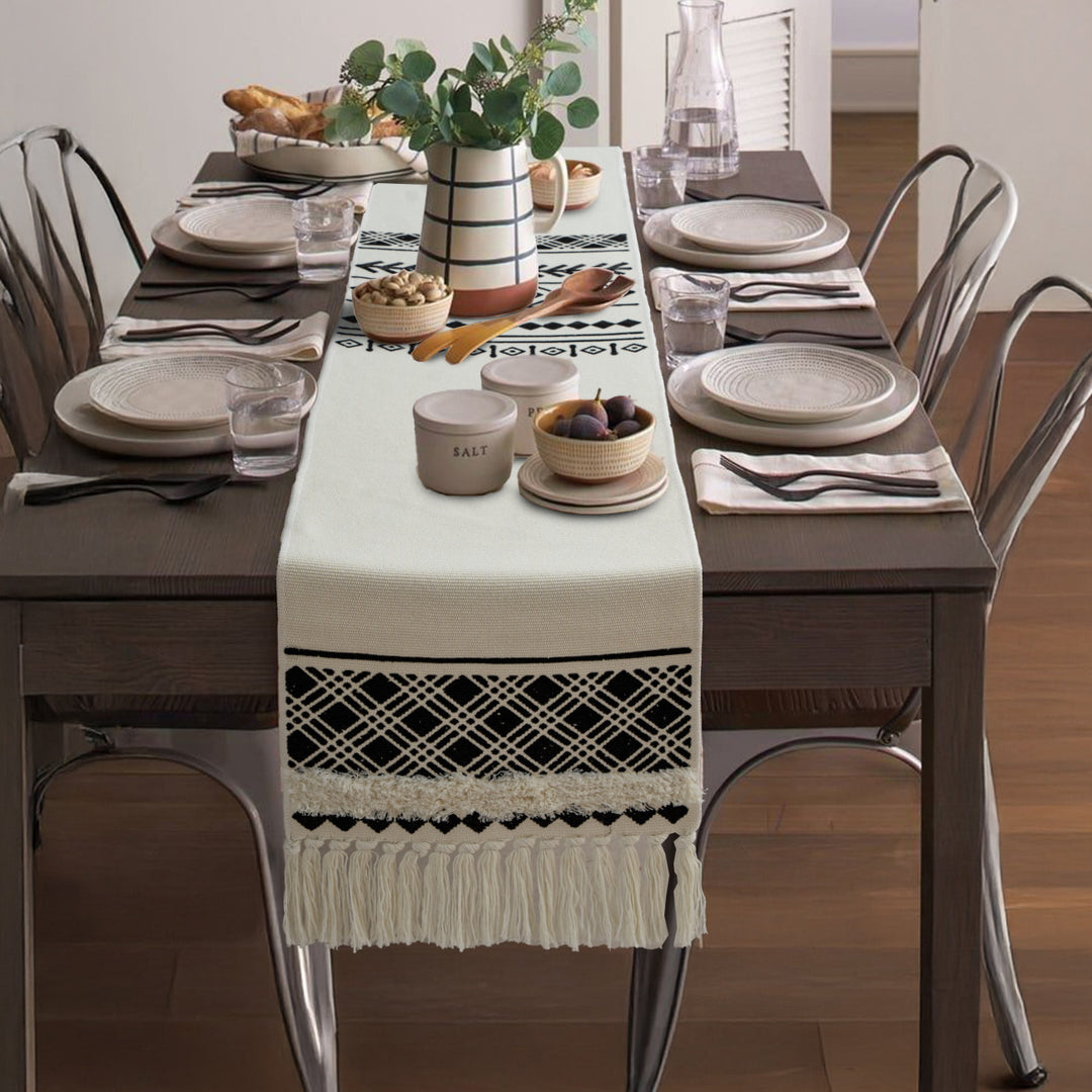 Boho table runner made of cotton blend with woven ethnic jacquard and decorative fringes Stornfield