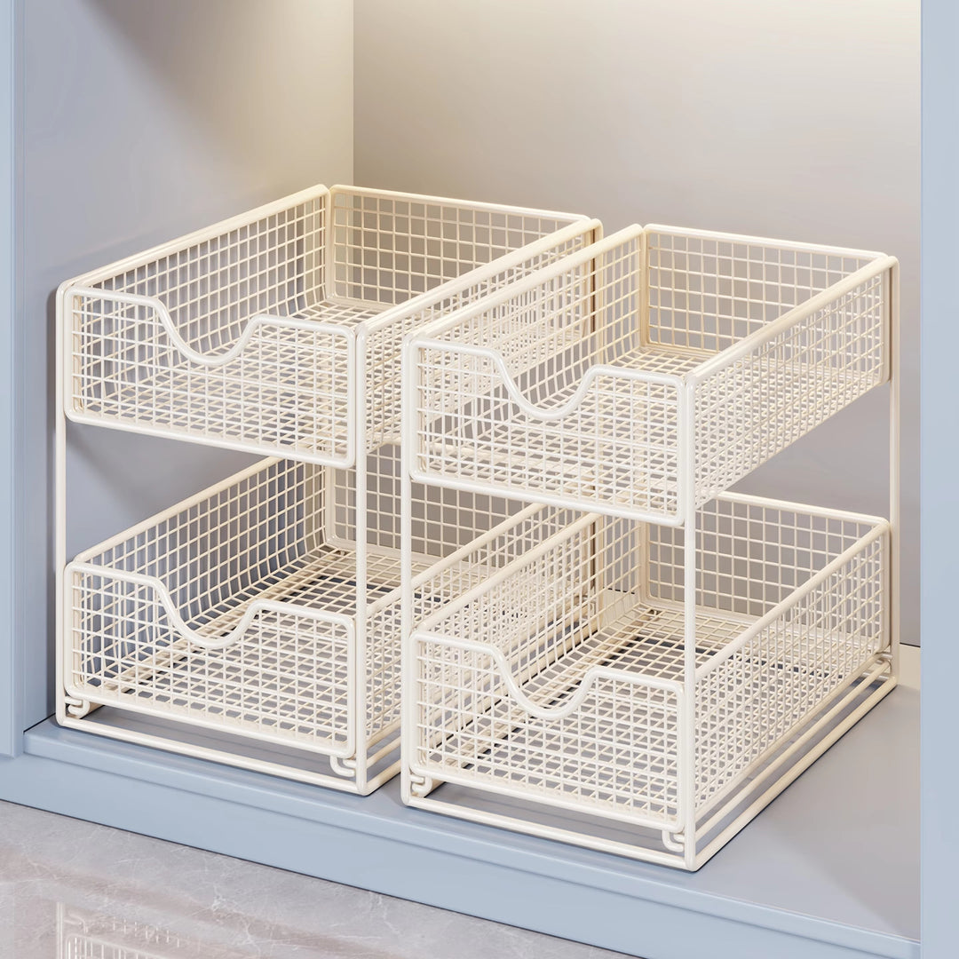 Two-Tier Metal Wire Pantry Basket Organizer with Slide-Out Drawers