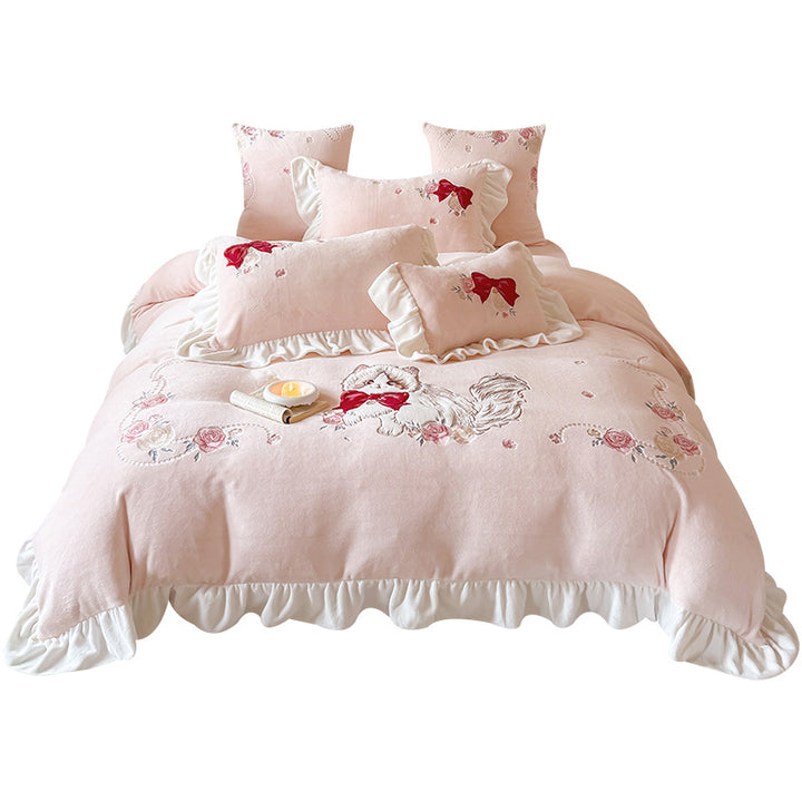 Ruffled Cotton Sateen Duvet Cover Set with Embroidered Kitten & Rose Motif