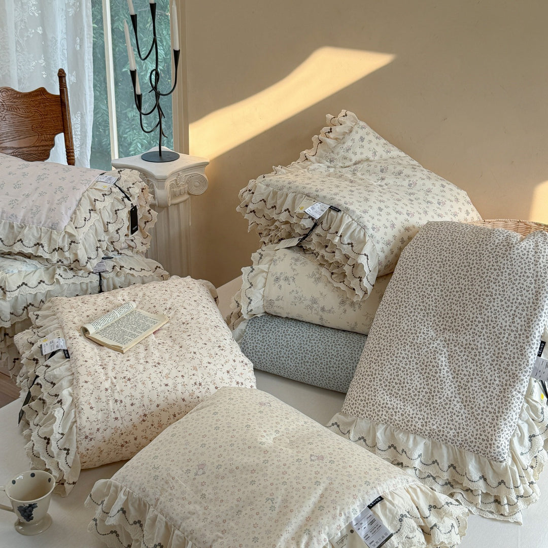 Quilted Cotton Duvet Cover Set with Ruffled Lace-Trim Pillow Shams