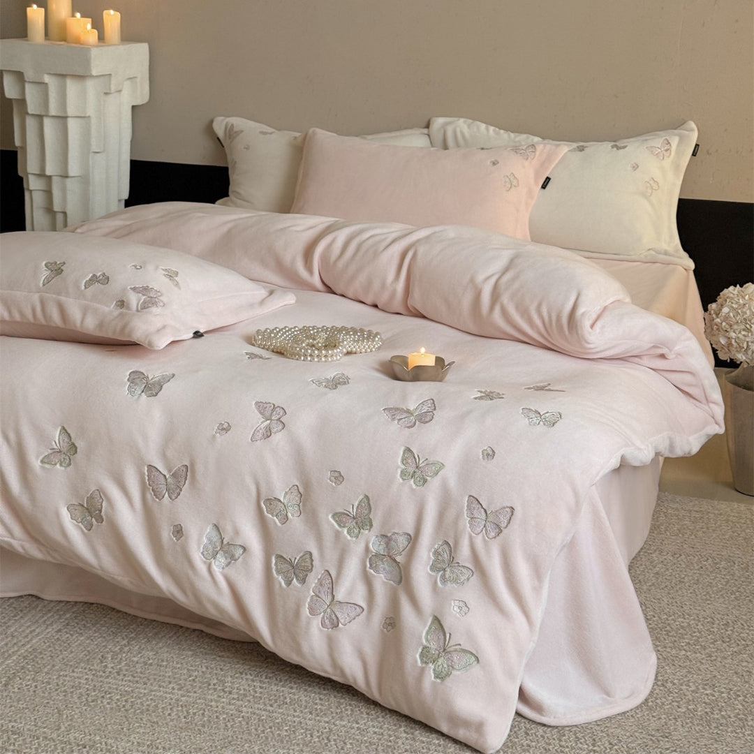 Embroidered Butterfly Plush Microfiber Duvet Cover Set
