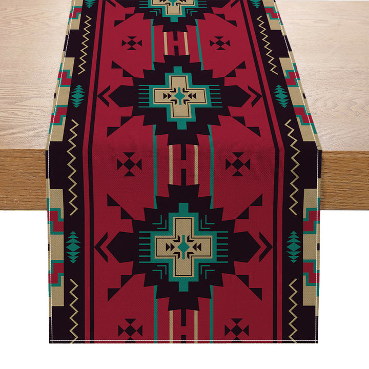 Southwestern Pattern Cotton-Linen Table Runner with Aztec Geometric Print