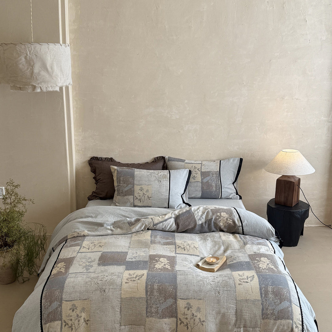 Reversible Patchwork Linen Cotton Duvet Cover Set with Floral Block Print and Piped Edge