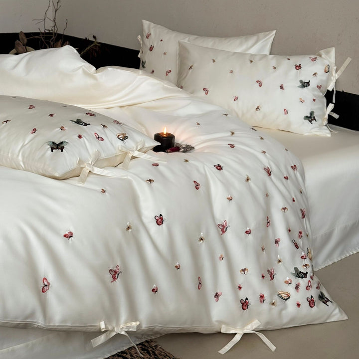 Embroidered Butterfly Cotton-Sateen Duvet Cover Set with Tied Pillow Shams