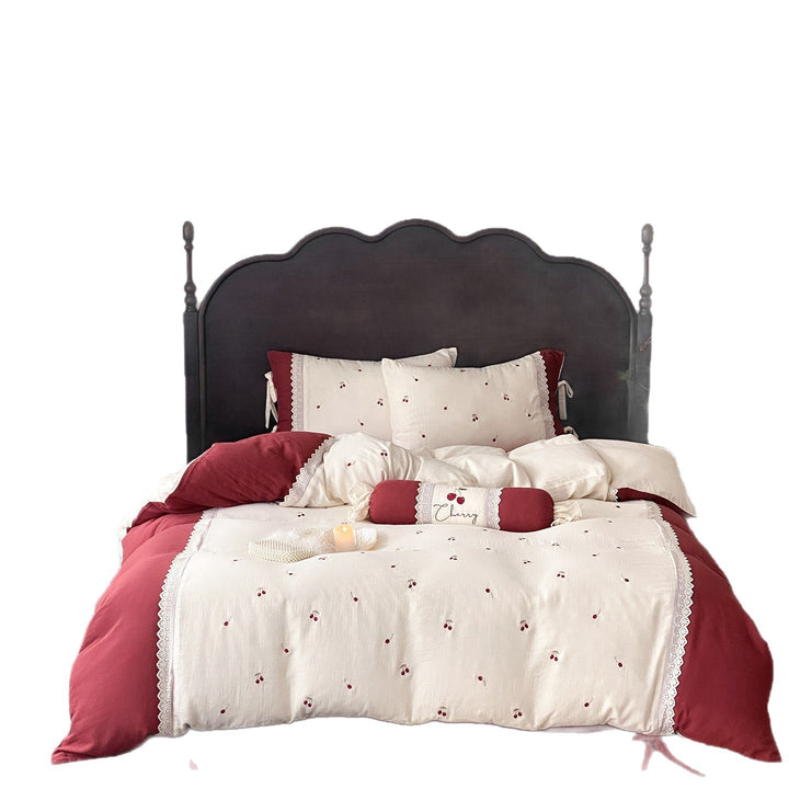 Embroidered Cherry Cotton-Linen Duvet Cover Set with Lace-Trim Shams