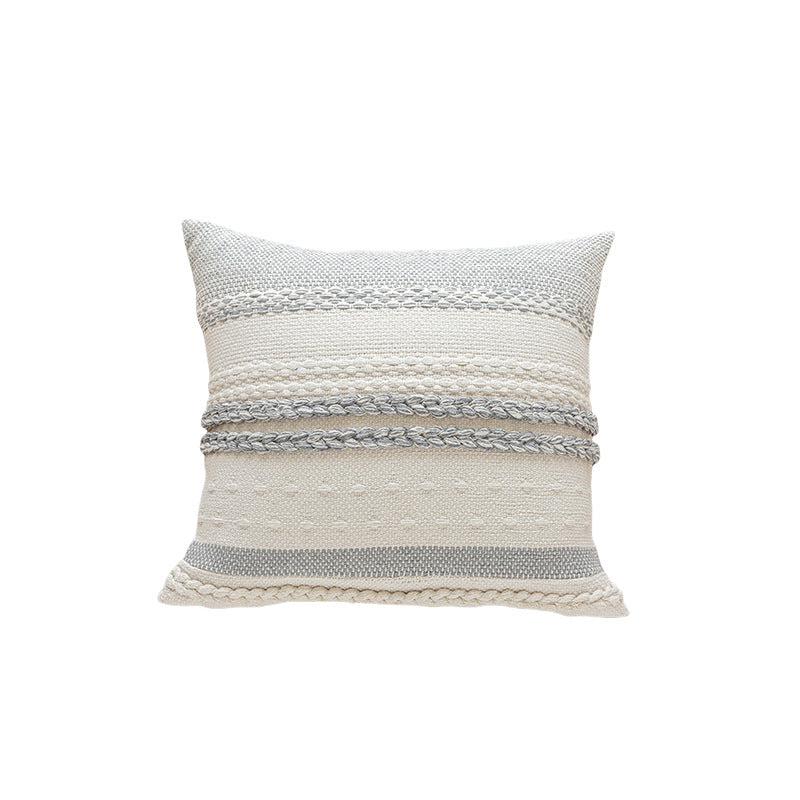 Woven Cotton Textured Lumbar Throw Pillow Cover with Braided Stripe Embellishments