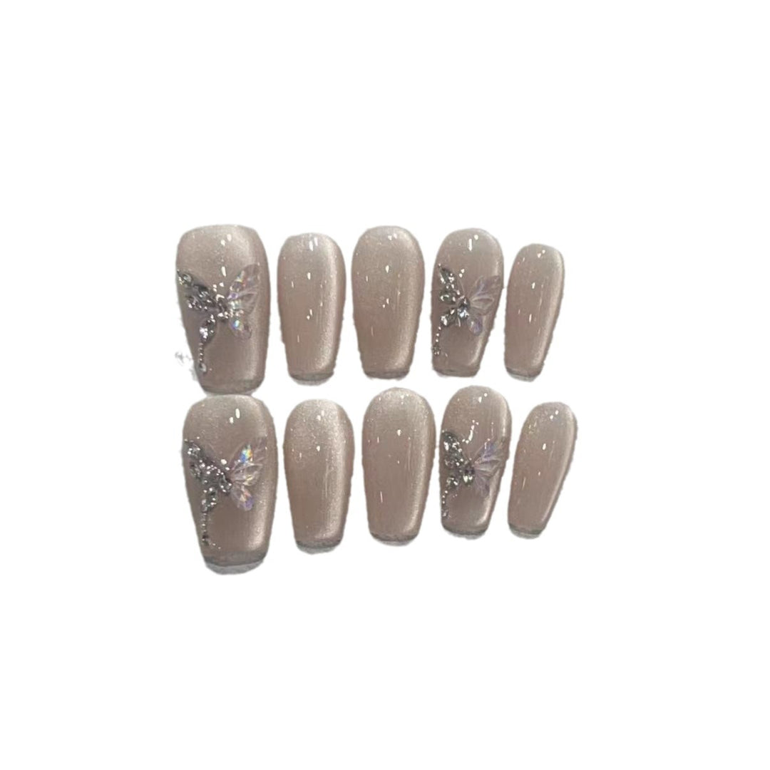 Stylish Press-On Nail Art Set with Elegant Butterfly and Gem Accents Stornfield