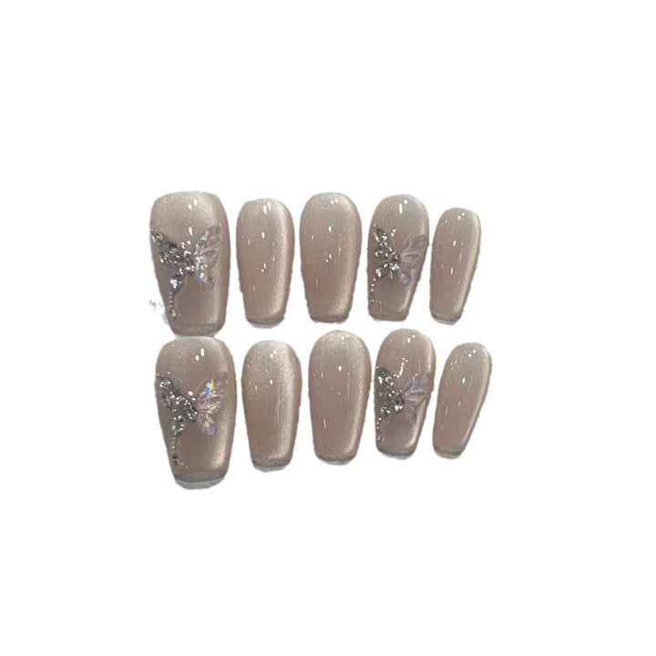 Stylish Press-On Nail Art Set with Elegant Butterfly and Gem Accents Stornfield