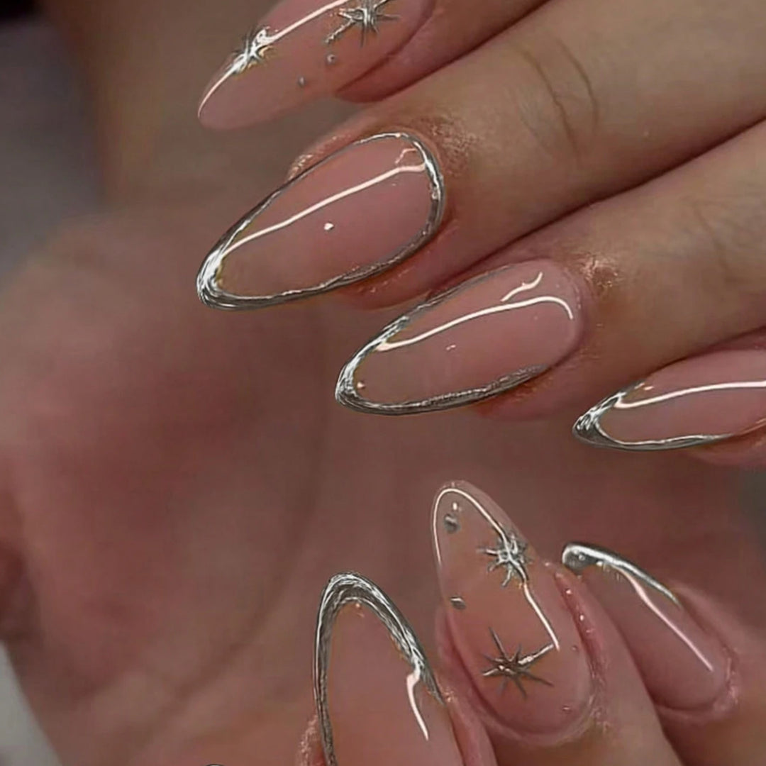 Elegant Stiletto Nail Art Set with Silver Accents Stornfield