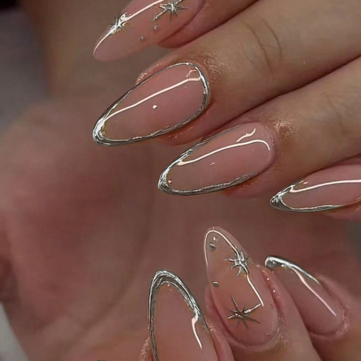 Elegant Stiletto Nail Art Set with Silver Accents Stornfield