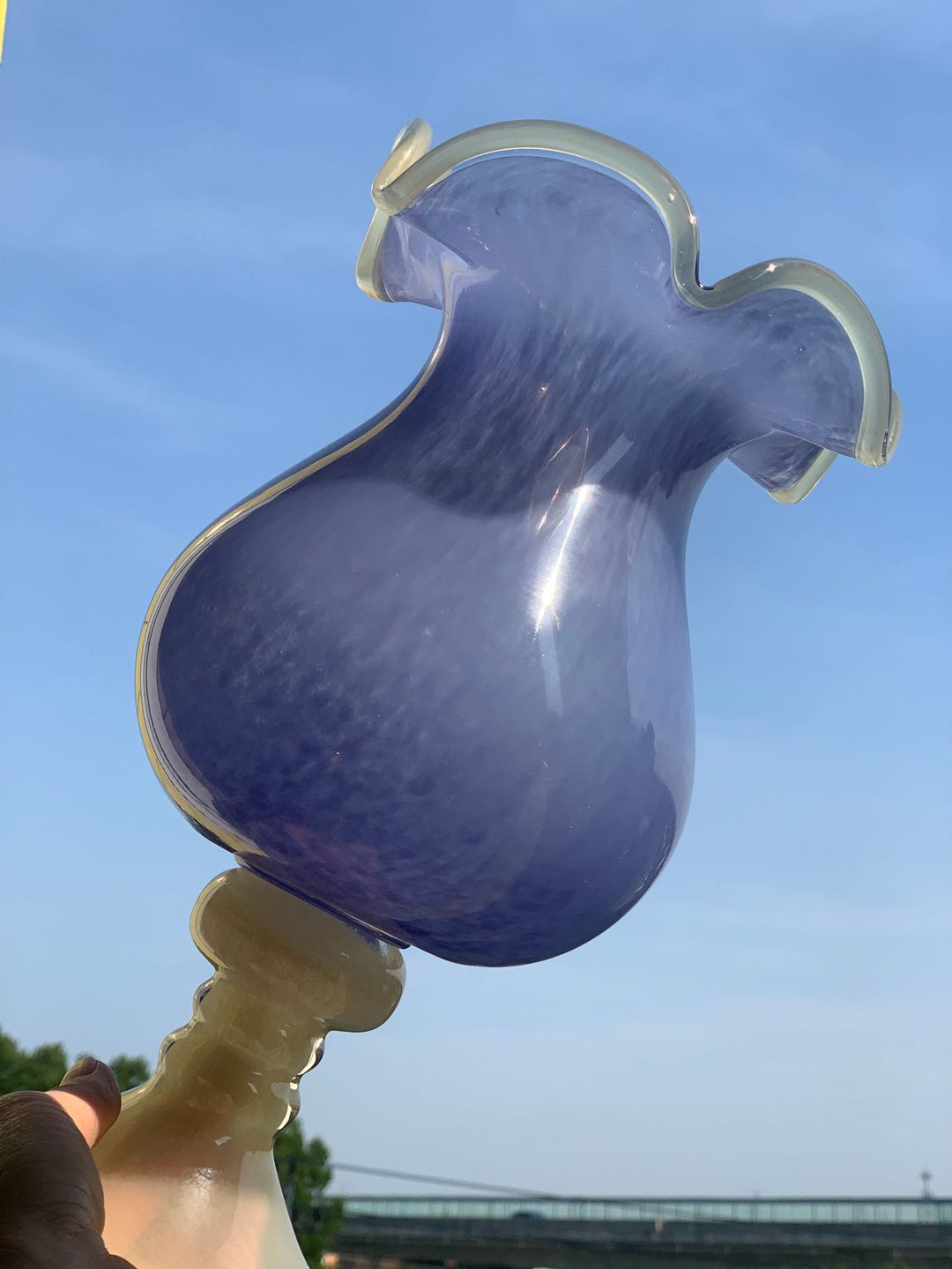 Handblown Fluted Pedestal Art Glass Trumpet Vase Stornfield