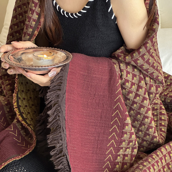 Woven Waffle-Texture Fringed Throw Blanket