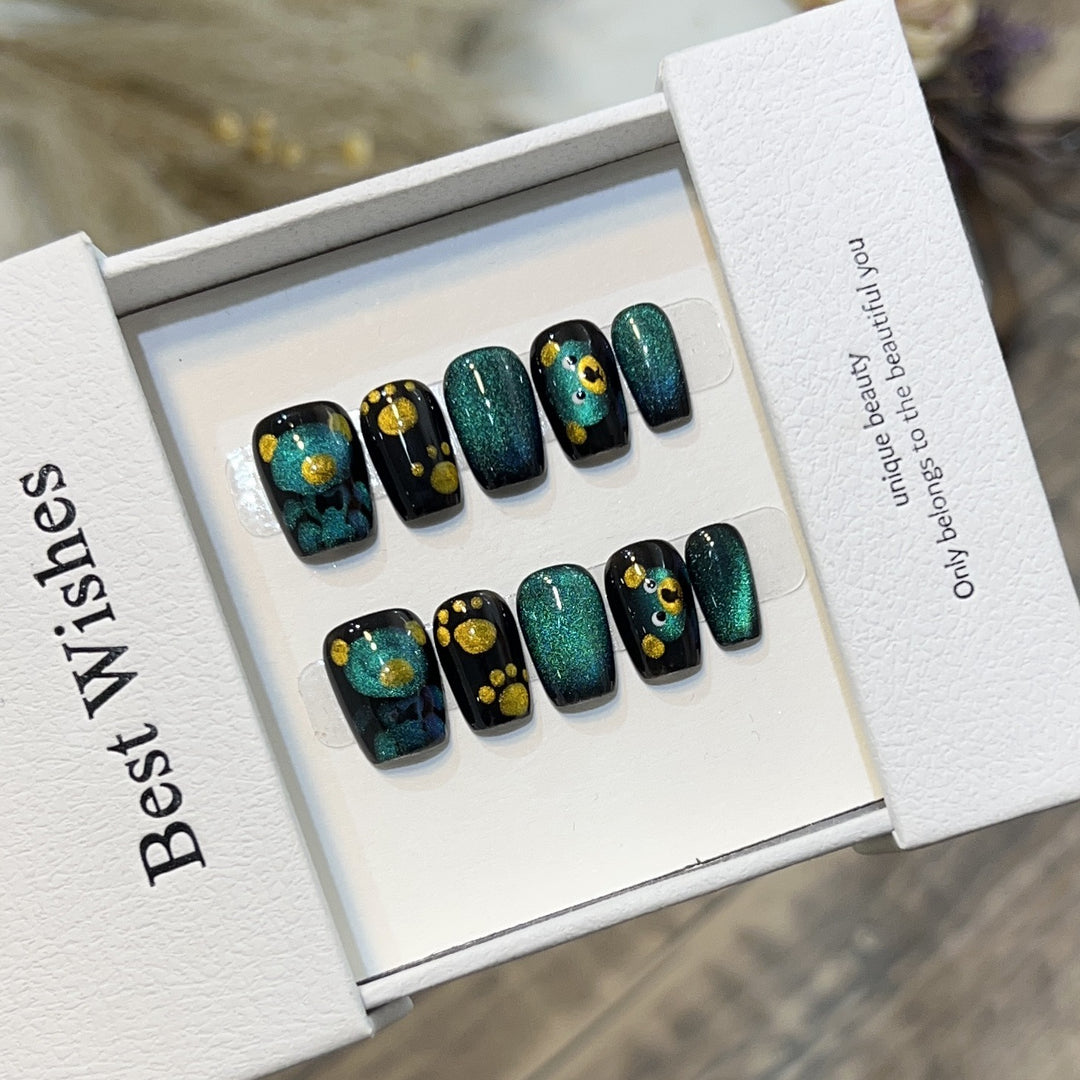 Artistic Press-On Nail Set with Playful Floral and Glitter Accents Stornfield