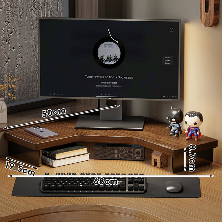 Corner Desktop Monitor Riser with Integrated Under-Shelf Storage and Cable Management