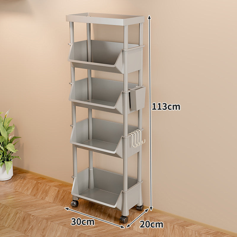 Slim Multi-Tier Rolling Plastic Storage Cart with Deep Tilt Bins and Side Hooks