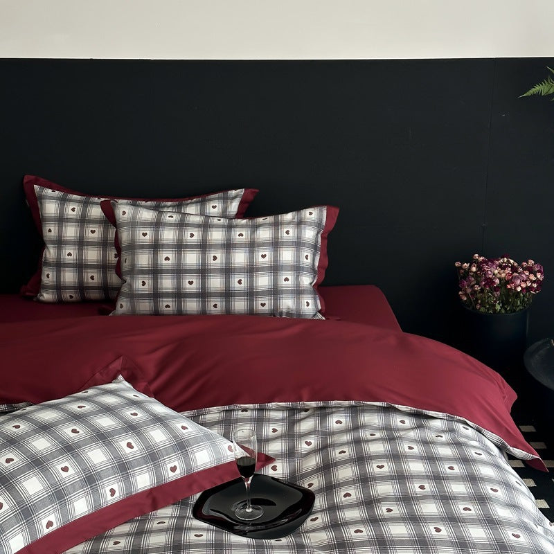 Plaid Brushed Cotton Duvet Cover Set with Contrast Border & Envelope Shams