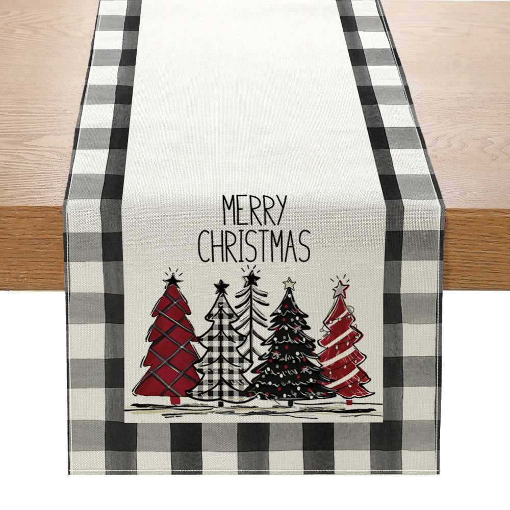 Buffalo-Edge Cotton-Linen Christmas Table Runner with Merry Christmas Tree Art