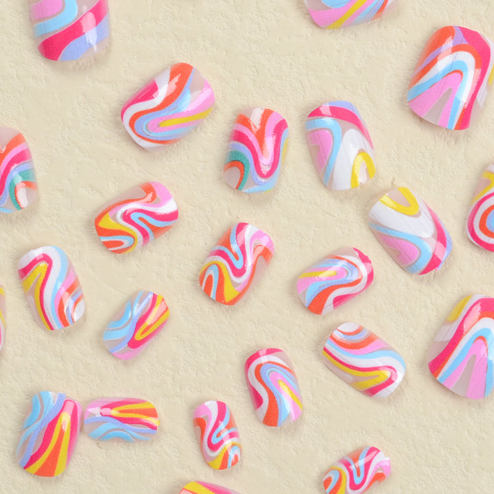 Acrylic nail set with colorful marble design and vibrant colors Stornfield