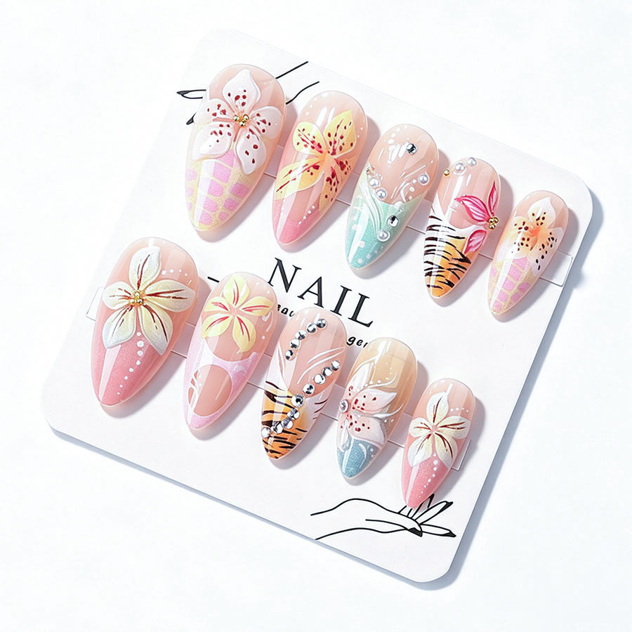 Artistic 3D Nail Tips with Botanical Decorations Stornfield