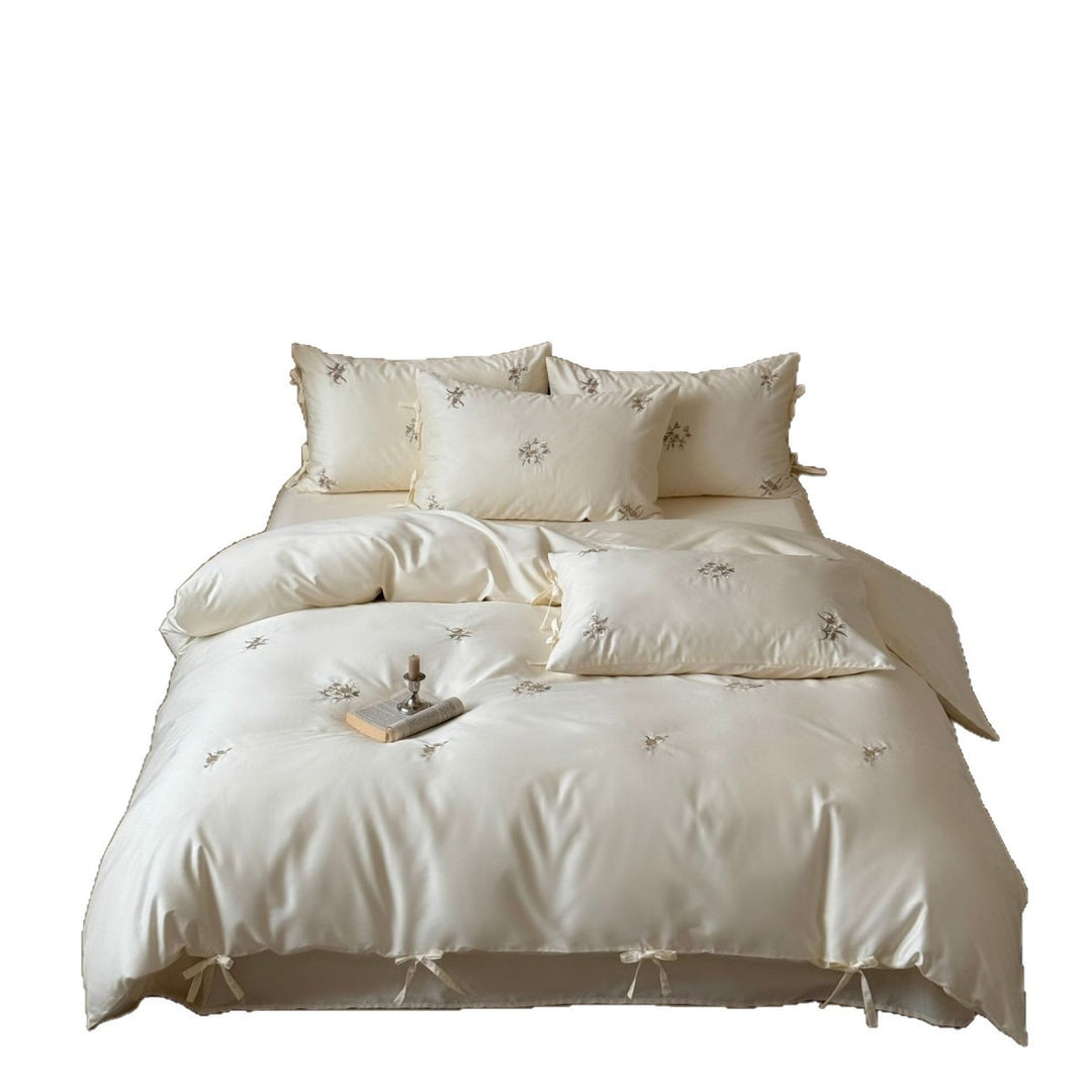 Luxurious Satin-Feel Embroidered Duvet Cover Set with Decorative Corner Ties