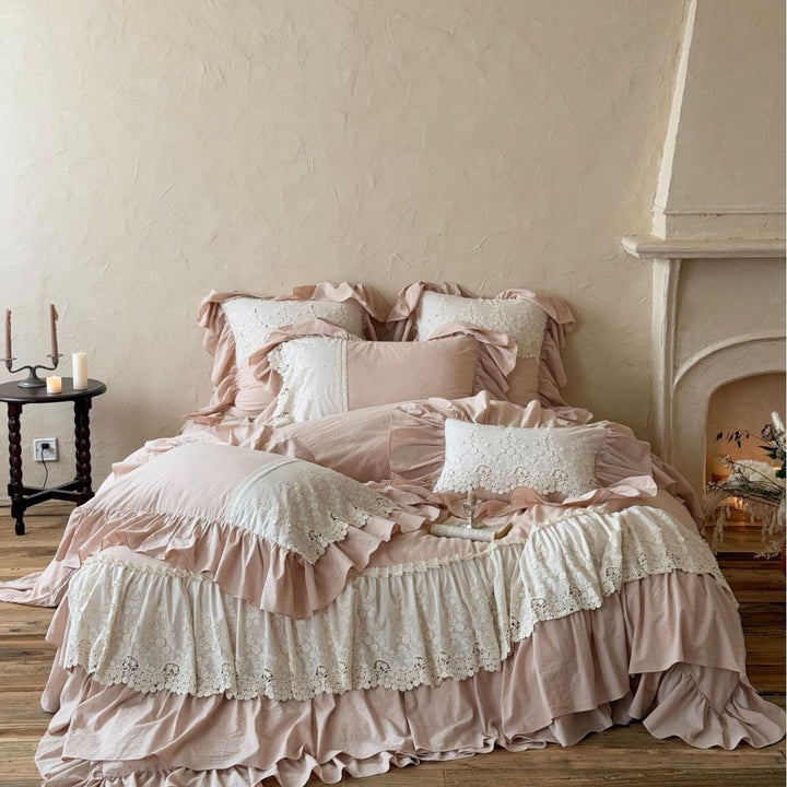 Vintage-inspired duvet cover set with layered ruffles and lace appliqué