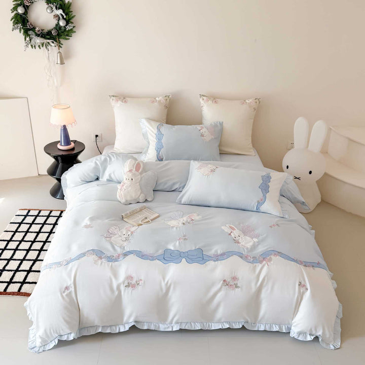 Pastel Embroidered Bunny Cotton Duvet Cover Set with Ruffled Hem and Decorative Bow Motif