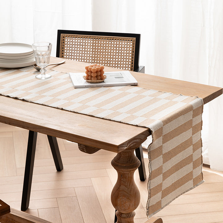 Modern cotton table runner with geometric line jacquard Stornfield