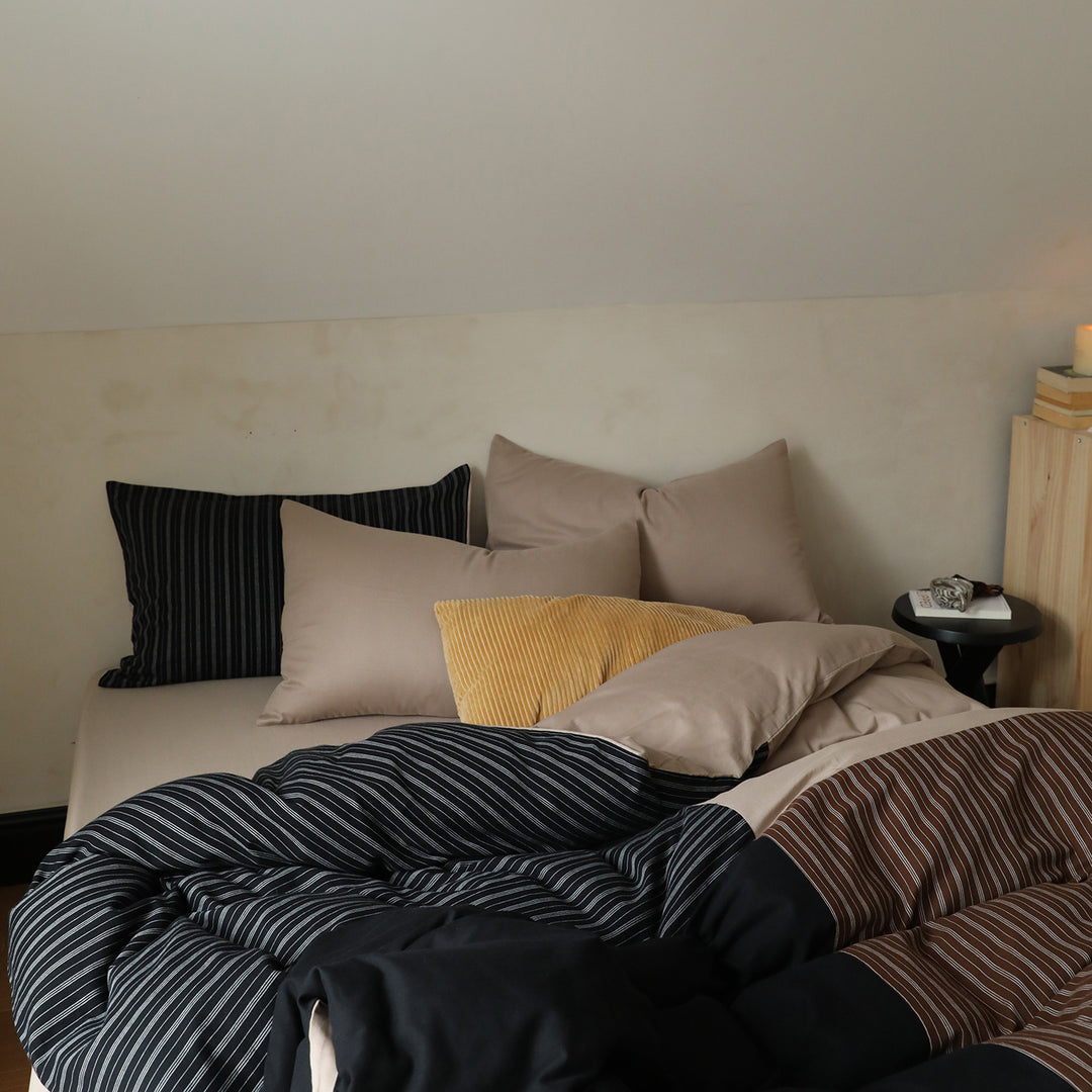 Patchwork Stripe & Solid Cotton Sateen Duvet Cover Set with Corduroy Accent Pillow