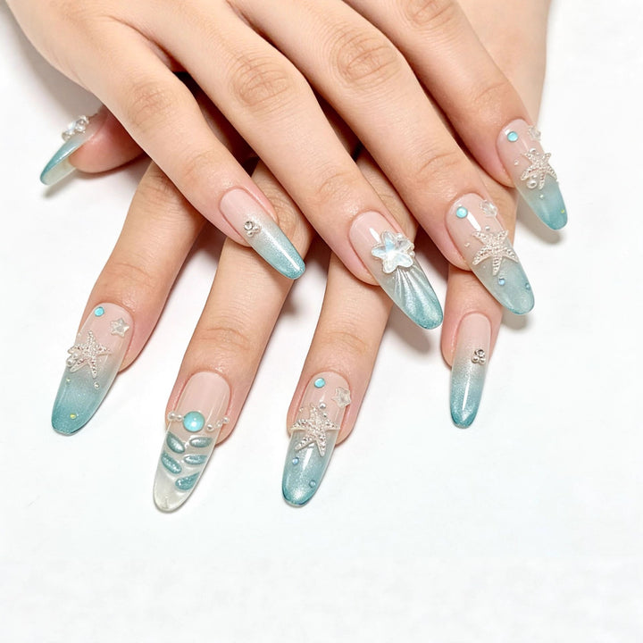 Elegant Nail Art with Ocean Theme and 3D Accents Stornfield