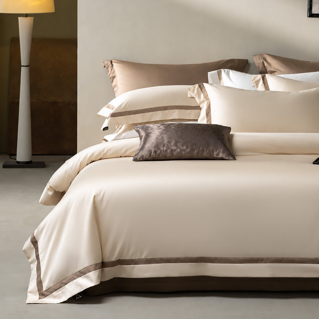 Luxury Two-Tone Cotton Sateen Duvet Cover Set with Double-Trim Border and Euro Shams