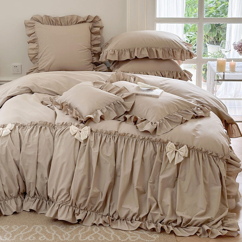 Ruffled Cotton Sateen Romantic Duvet Cover Ensemble with Gathered Skirt & Bow Accents