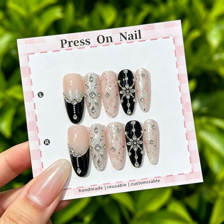 Elegant Reusable Press-On Nail Art Set with Floral Accents