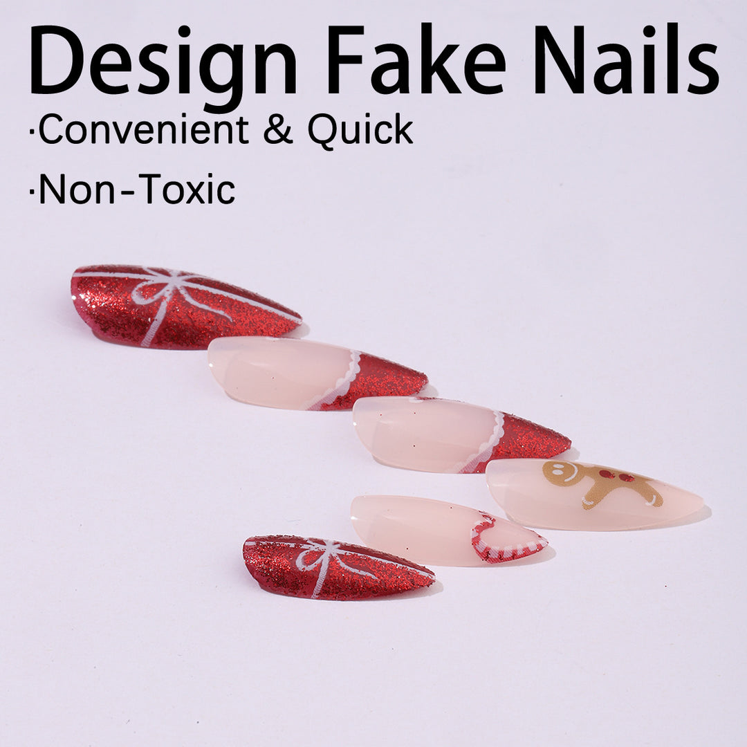 Artificial nail set with festive candy cane and gingerbread pattern Stornfield