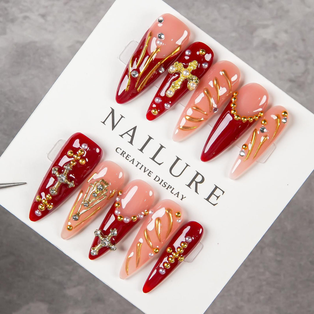 Artistic Stiletto Press-On Nail Set with Decorative Gem Accents