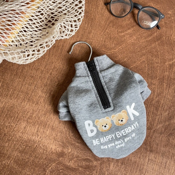 Zip-Up Cotton Blend Pet Sweater with Teddy Bear Print