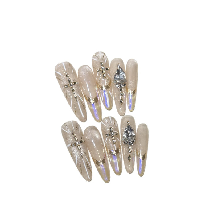 Premium Stiletto Press-On Nail Art Set with Gemstone Accents Stornfield
