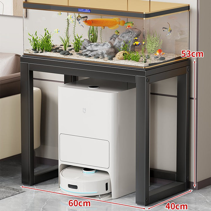 Gold Metal Aquarium Console Table with Faux Marble Top and Robot Vacuum Storage
