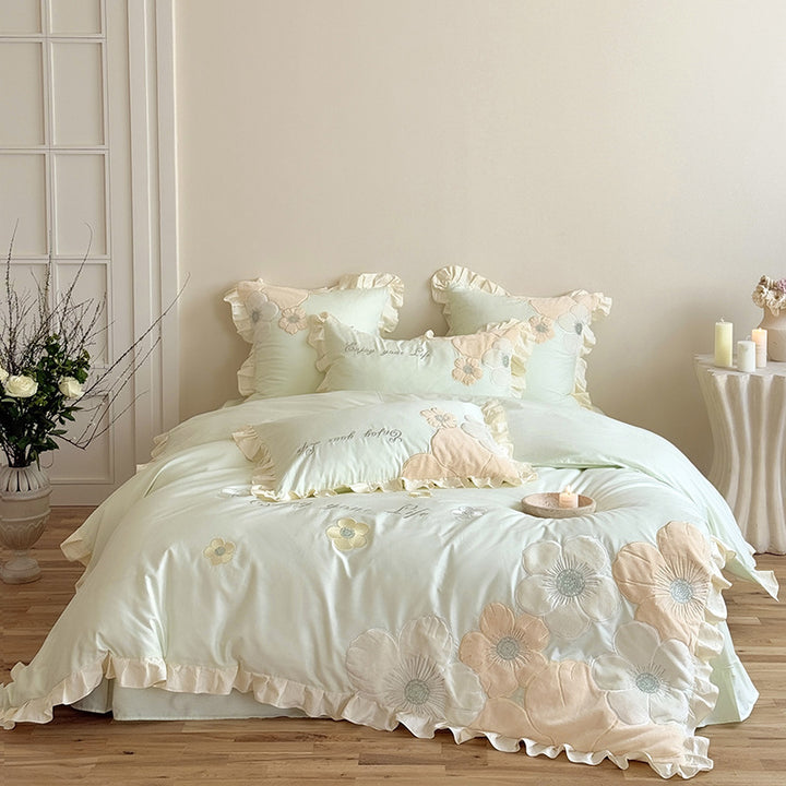 Floral Appliqué Ruffled Cotton Sateen Duvet Cover Set with Decorative Pillow Shams